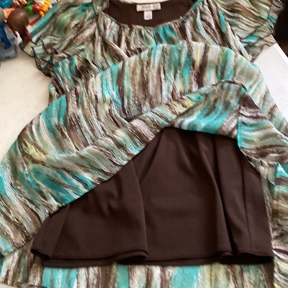 Dress Barn Blouse size 12 lined  teal brown flutter sleeve - Picture 3 of 10
